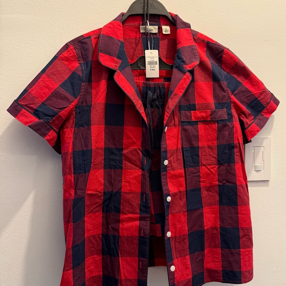 Red & Navy Plaid Women’s short sleeve button and shorts with tie summer pajamas